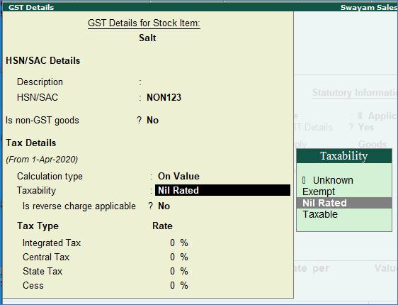 Setting Nil-Rated , Exempted, Zero Rated Stock Items in TallyERP9